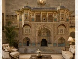 Royal Indian palace wallpaper featuring ornate Mughal architecture with intricate fresco details and heritage-inspired façade.