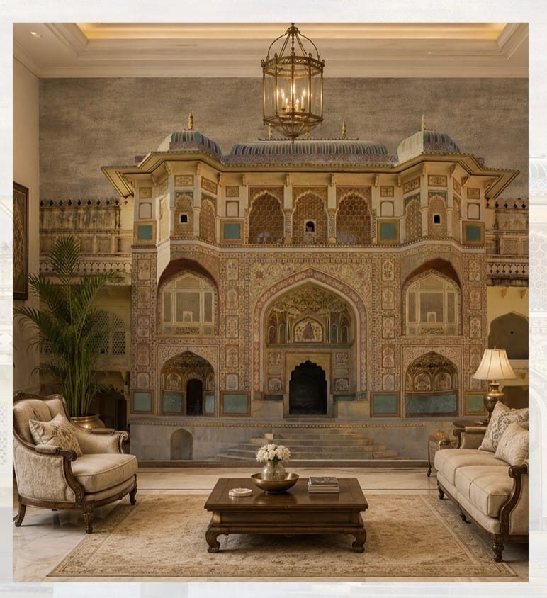 Royal Indian palace wallpaper featuring ornate Mughal architecture with intricate fresco details and heritage-inspired façade.