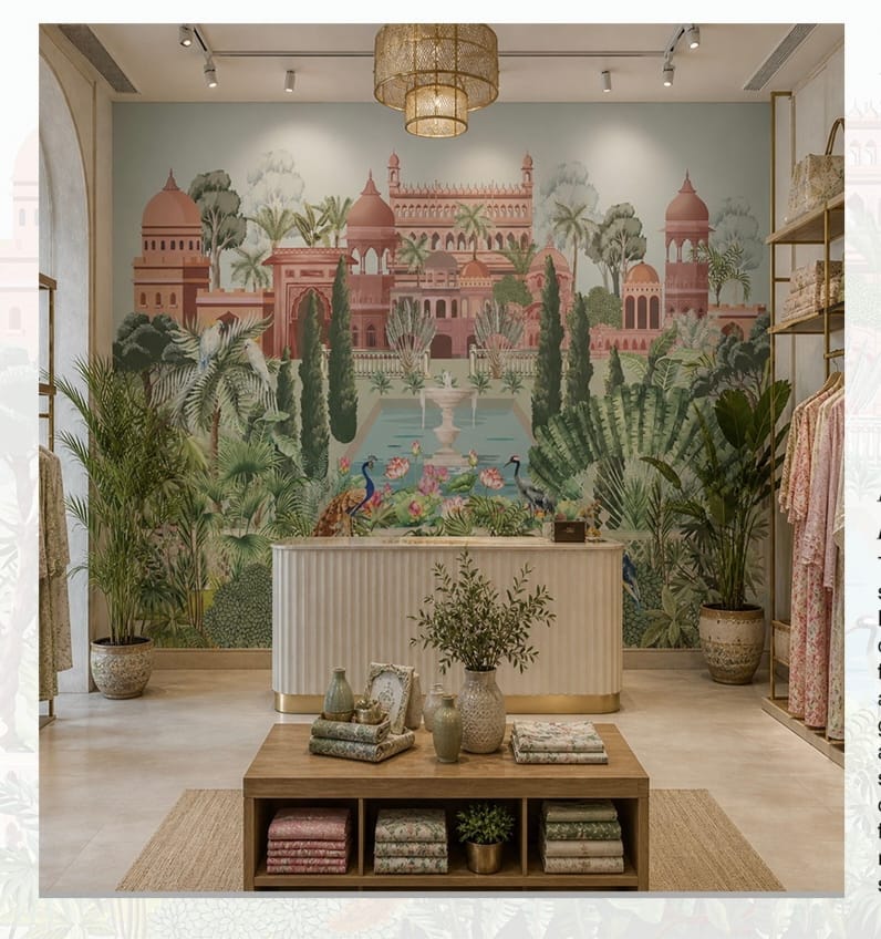 Luxury heritage mural wallpaper featuring a royal Indian palace, lush tropical gardens, peacocks, lotus pond, and classical architecture in soft pastel tones.