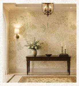 Elegant botanical wallpaper featuring delicate green and beige foliage with intricate floral patterns, styled in a luxurious hallway with a wooden console table, fresh flowers, brass wall sconce, chandelier, and classic décor.