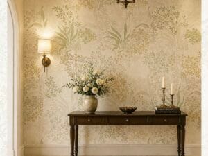 Elegant botanical wallpaper featuring delicate green and beige foliage with intricate floral patterns, styled in a luxurious hallway with a wooden console table, fresh flowers, brass wall sconce, chandelier, and classic décor.