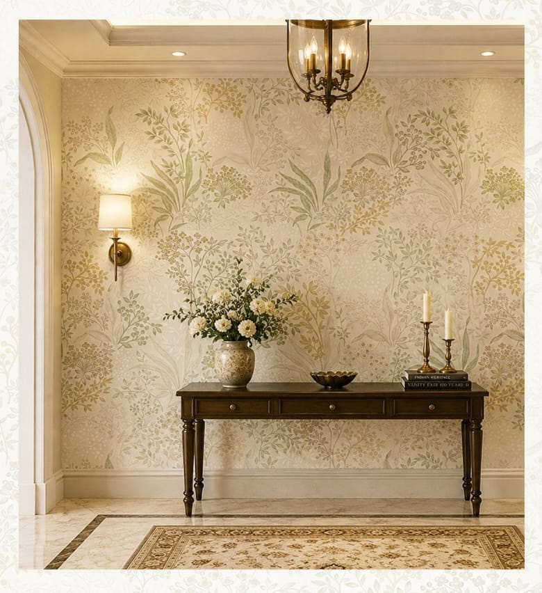 Elegant botanical wallpaper featuring delicate green and beige foliage with intricate floral patterns, styled in a luxurious hallway with a wooden console table, fresh flowers, brass wall sconce, chandelier, and classic décor.