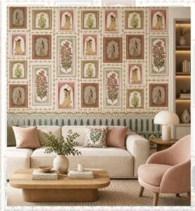 Traditional Indian floral gallery wallpaper with Mughal-inspired portraits and botanical panels in pastel tones.
