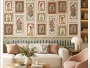 Traditional Indian floral gallery wallpaper with Mughal-inspired portraits and botanical panels in pastel tones.