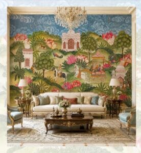 Luxury living room featuring a grand Indian heritage mural wallpaper with palace architecture, royal procession, blooming lotus flowers, peacocks, lush gardens, and scenic hills in a traditional hand-painted style