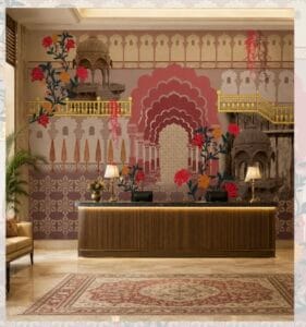 Traditional Indian heritage mural wallpaper featuring grand palace arches, domes, floral vines, and intricate geometric patterns in warm blush, beige, and burgundy tones, designed as a luxurious backdrop for hotel receptions, lobbies, and statement interiors.