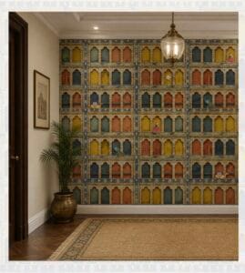 Traditional Indian jharokha niche wallpaper with colorful arches and heritage motifs