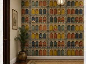 Traditional Indian jharokha niche wallpaper with colorful arches and heritage motifs