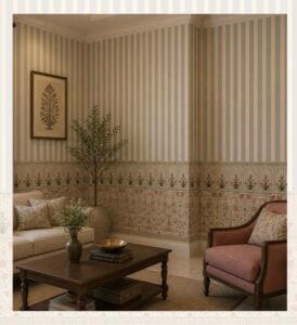 Classic striped floral wallpaper with vintage botanical border in beige and blue