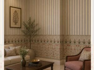 Classic striped floral wallpaper with vintage botanical border in beige and blue