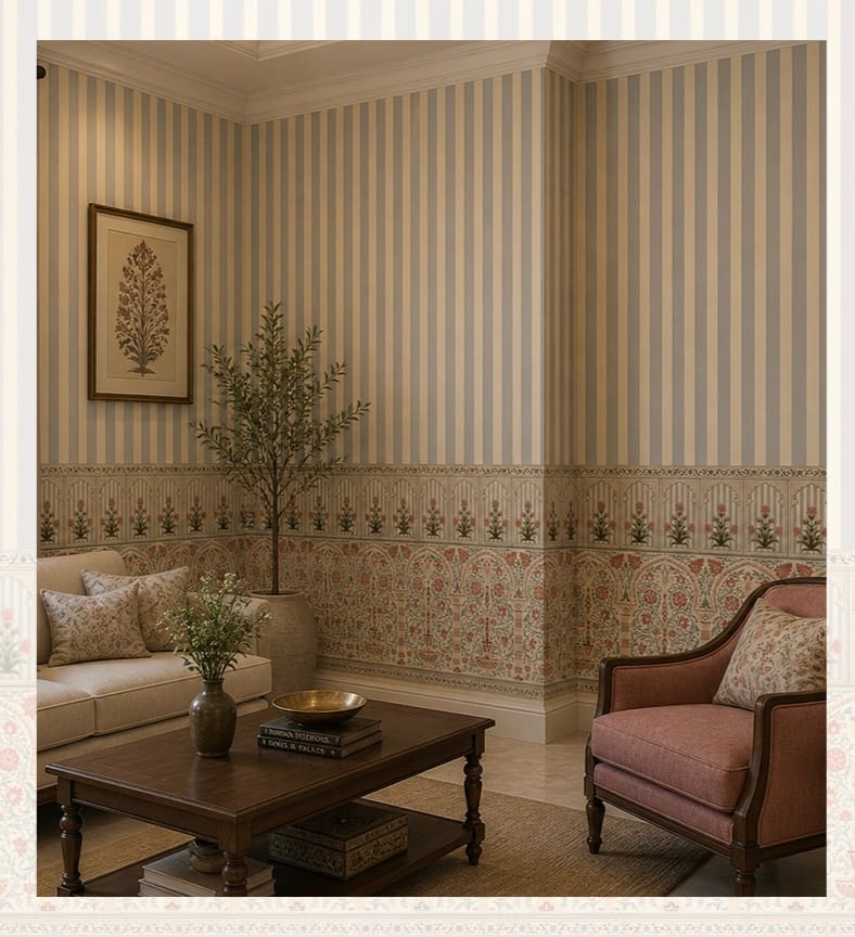 Classic striped floral wallpaper with vintage botanical border in beige and blue