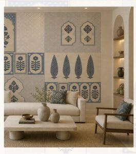 Blue and beige floral heritage wallpaper with traditional decorative panels