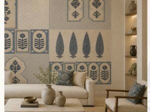 Blue and beige floral heritage wallpaper with traditional decorative panels