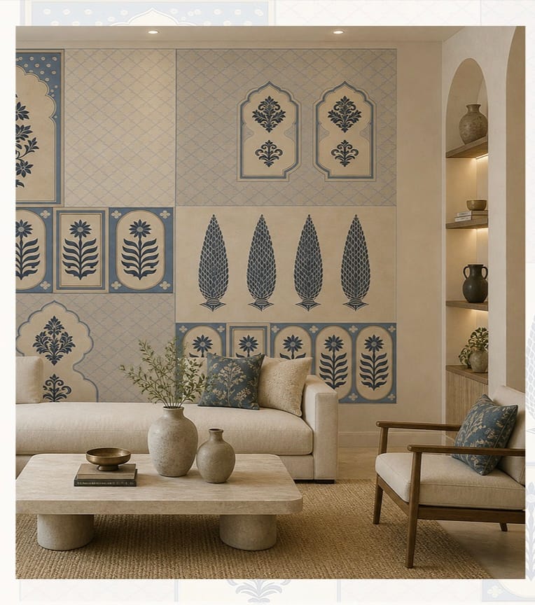 Blue and beige floral heritage wallpaper with traditional decorative panels