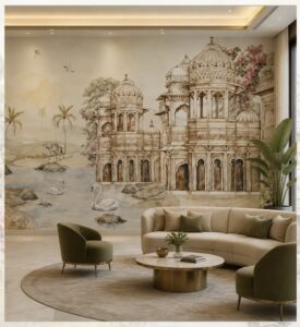 Elegant wallpaper featuring a royal palace by a tranquil lake with swans, domed pavilions, and soft watercolor architecture.