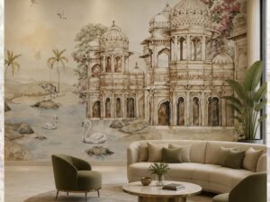 Elegant wallpaper featuring a royal palace by a tranquil lake with swans, domed pavilions, and soft watercolor architecture.