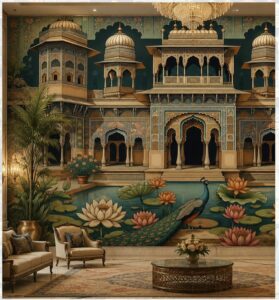 Majestic Indian palace wallpaper featuring ornate architecture, a peacock, lotus pond, and Mughal-inspired details.