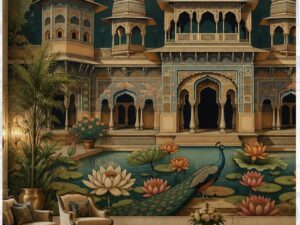 Majestic Indian palace wallpaper featuring ornate architecture, a peacock, lotus pond, and Mughal-inspired details.