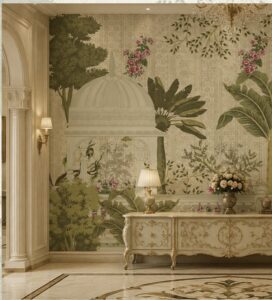 Elegant garden wallpaper featuring a domed pavilion, lush tropical plants, and blooming flowers in soft neutral tones.