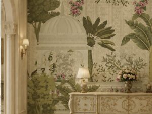 Elegant garden wallpaper featuring a domed pavilion, lush tropical plants, and blooming flowers in soft neutral tones.