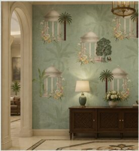 Vintage botanical wallpaper with elegant garden pavilions, palm trees, floral garlands, and birds on a sage green background.