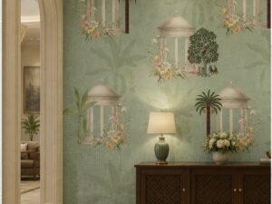 Vintage botanical wallpaper with elegant garden pavilions, palm trees, floral garlands, and birds on a sage green background.