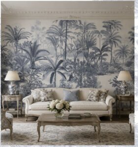 Monochrome tropical jungle wallpaper featuring palm trees, lush foliage, and exotic botanical scenery in blue-gray tones.