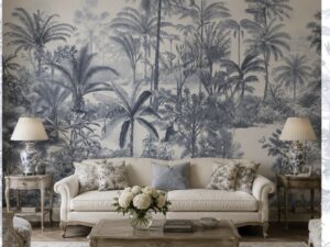 Monochrome tropical jungle wallpaper featuring palm trees, lush foliage, and exotic botanical scenery in blue-gray tones.