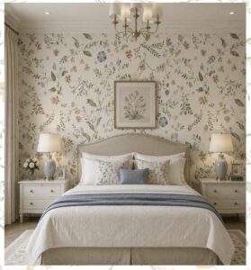 Soft botanical wallpaper with delicate watercolor wildflowers and leafy vines on a cream background
