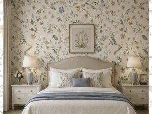Soft botanical wallpaper with delicate watercolor wildflowers and leafy vines on a cream background