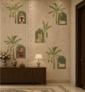 Traditional Indian wallpaper featuring Pichwai-inspired figures, banana trees, cows, and floral motifs on a beige background.