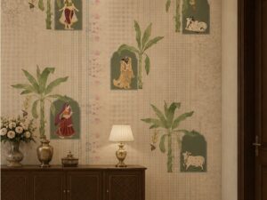 Traditional Indian wallpaper featuring Pichwai-inspired figures, banana trees, cows, and floral motifs on a beige background.