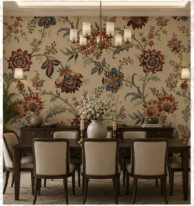 Vintage-inspired floral wallpaper mural with colorful botanical blooms behind a classic dining room.