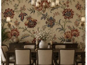 Vintage-inspired floral wallpaper mural with colorful botanical blooms behind a classic dining room.