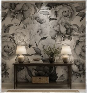 Large monochrome peony floral wallpaper mural with soft gray watercolor blooms on a light background.