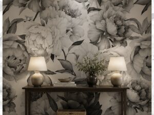 Large monochrome peony floral wallpaper mural with soft gray watercolor blooms on a light background.