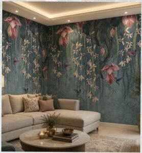 Teal tropical floral wallpaper mural with cascading pink blossoms, hummingbirds, and lush foliage in a modern living room.