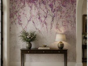 Elegant wallpaper featuring cascading purple blossoms on a textured neutral background.