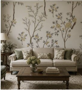 Elegant botanical wallpaper with flowering tree branches and soft floral motifs in muted green and beige tones.