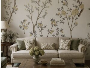 Elegant botanical wallpaper with flowering tree branches and soft floral motifs in muted green and beige tones.