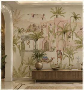 Tropical mural wallpaper featuring palm trees, desert architecture, camels, birds, and lush greenery in soft pastel tones.