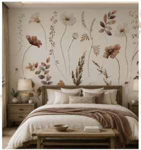 Soft watercolor wildflower wallpaper with delicate floral stems in muted earthy tones.