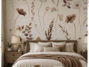 Soft watercolor wildflower wallpaper with delicate floral stems in muted earthy tones.