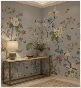 Soft botanical wall mural with blooming flowers, butterflies, and elegant branches in a pastel-toned room corner.