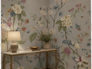 Soft botanical wall mural with blooming flowers, butterflies, and elegant branches in a pastel-toned room corner.