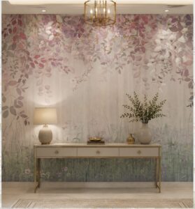Soft blush floral wallpaper mural with cascading pink blossoms and delicate foliage, creating a dreamy botanical accent wall above a modern console table.