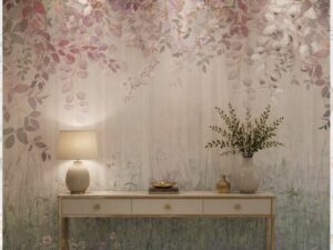 Soft blush floral wallpaper mural with cascading pink blossoms and delicate foliage, creating a dreamy botanical accent wall above a modern console table.