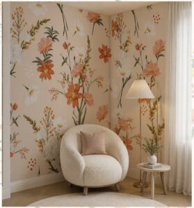 Floral wallpaper featuring orange and blush wildflowers on a soft beige background.