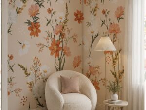 Floral wallpaper featuring orange and blush wildflowers on a soft beige background.