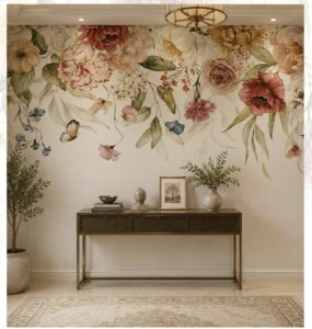 Watercolor floral wallpaper with oversized blossoms, butterflies, and soft botanical details